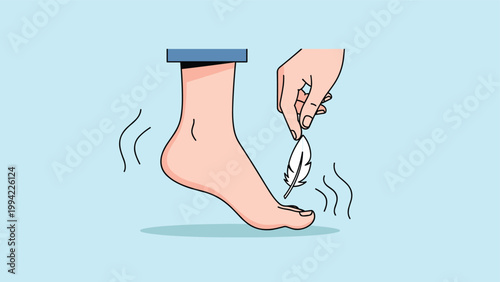 Hand gently tickles a foot with a feather, causing the foot to wiggle, illustrating ticklishness, sensory experience, and lighthearted interaction.