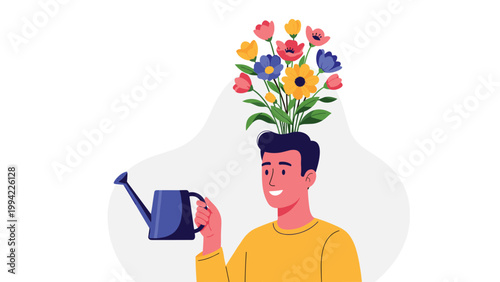 Man waters a vibrant bouquet of flowers growing out of his head, symbolizing mental growth, positive thinking, creativity, and nurturing ideas.