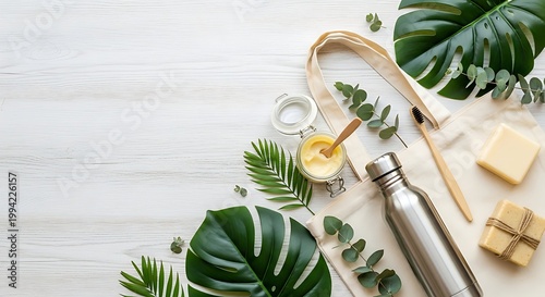 Eco-friendly zero-waste lifestyle with reusable products and natural elements for sustainable living