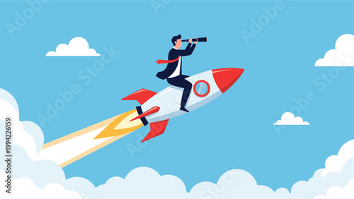 Businessman rides a rocket through the sky, looking through a telescope, symbolizing ambition, future vision, innovation, and rapid business growth.