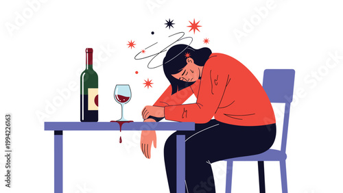 Drunk woman is slumped over a table with a spilled glass and bottle of wine, stars swirling around her head, depicting alcohol abuse, addiction, and hangover.