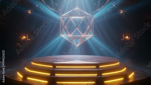 A futuristic stage with illuminated steps shines brightly under a large geometric crystal.