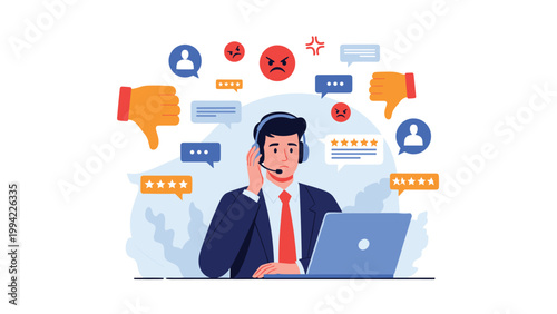 Stressed call center agent sits at a laptop, surrounded by negative feedback icons like thumbs down and angry faces, depicting poor customer service and job dissatisfaction.