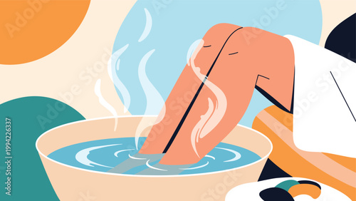 Legs soak in a bowl of steaming water, representing a relaxing foot bath, self-care, wellness ritual, and therapeutic relief for tired feet.