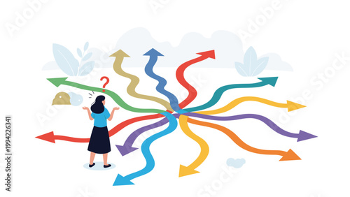 Woman stands with a question mark, facing numerous convoluted and diverging arrows, symbolizing complex decision-making, overwhelming choices, and life's uncertainties.