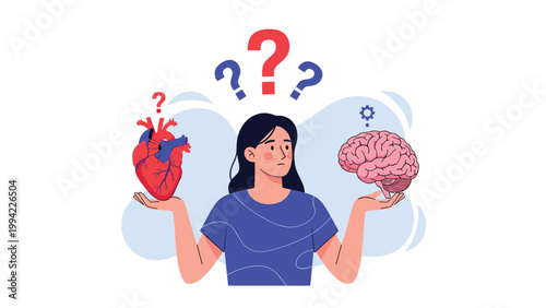 Woman balances a human heart on one hand and a brain on the other, with question marks above, symbolizing the conflict between emotion and logic, and difficult choices.