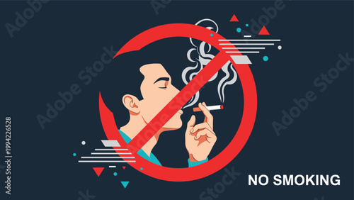 Man smokes a cigarette inside a prominent red "no smoking" circle symbol, representing a clear warning against smoking and promoting health.