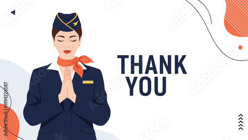 Elegant flight attendant in uniform presses her hands together in a polite thank you gesture, expressing gratitude and excellent customer service.