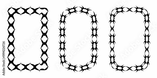 Three black thorn covered rectangular frames arranged in a row