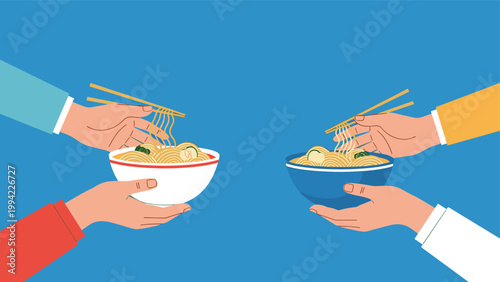 Multiple hands hold bowls of noodles with chopsticks, symbolizing sharing food, Asian cuisine, communal eating, and cultural food experiences.