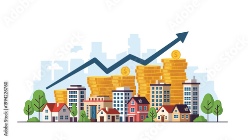 Cityscape features houses and apartment buildings with a rising financial graph and stacks of coins, symbolizing real estate market growth, urban development, and property investment.