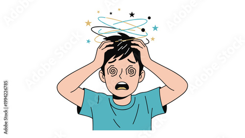 Young boy clutches his head with spiraling eyes and stars swirling around, illustrating dizziness, confusion, headache, and vertigo symptoms.