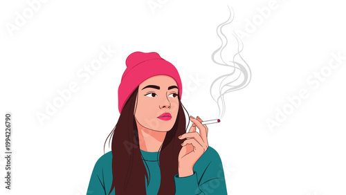 Young woman wearing a pink beanie smokes a cigarette, with smoke curling upward, depicting smoking habits and the health risks associated with tobacco use.