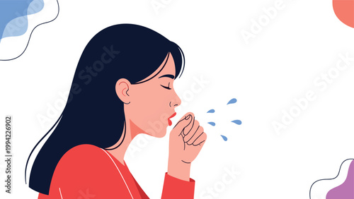 Woman coughs forcefully with droplets flying from her mouth, symbolizing cold, flu, airborne disease, and the importance of preventing germ spread.