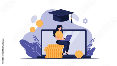 Woman sits on a stack of gold coins, working on a laptop, with a graduation cap above, symbolizing education investment, student finance, and scholarship.