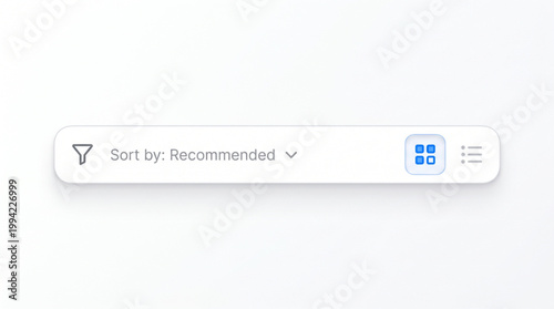 UI navigation bar element, filter icon, sort by recommended dropdown menu, grid and list view toggle buttons, neumorphic minimalist web interface component, clean modern app dashboard toolbar set.