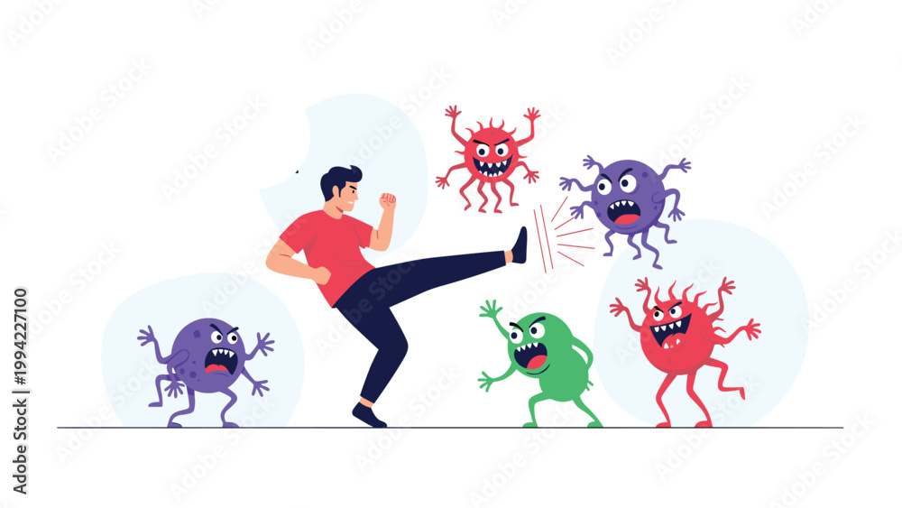 Fototapeta premium Determined man kicking away attacking cartoon viruses and bacteria, symbolizing strong immunity and effective health protection against disease.