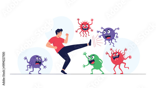 Determined man kicking away attacking cartoon viruses and bacteria, symbolizing strong immunity and effective health protection against disease.