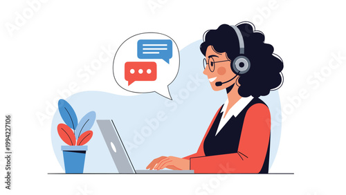 Smiling woman with a headset working on a laptop, providing excellent customer service and online support in a call center environment.