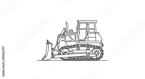 Black and White Line Art Illustration of a Heavy Construction Bulldozer