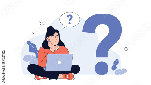 Pensive woman sitting with a laptop and a large question mark, symbolizing problem-solving, doubt, seeking answers, or decision-making.