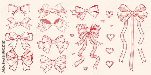 Collection of hand drawn style decorative ribbons and bows in pink tones
