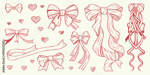 A collection of hand drawn bows and hearts in a delicate pink hue