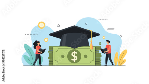 Graduation cap atop a stack of money with students, symbolizing education costs, financial aid, scholarships, and investment in learning.