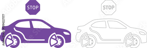 Purple car silhouette with stop sign and outline car