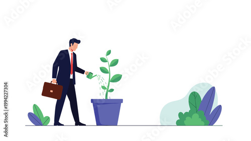 Businessman in a suit watering a small plant in a pot, symbolizing business growth, investment, and careful development.