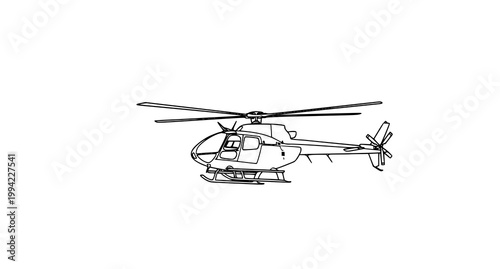 Black and white line drawing of a helicopter in flight