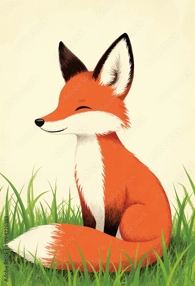 Obraz premium Cute red fox cartoon character in the grass