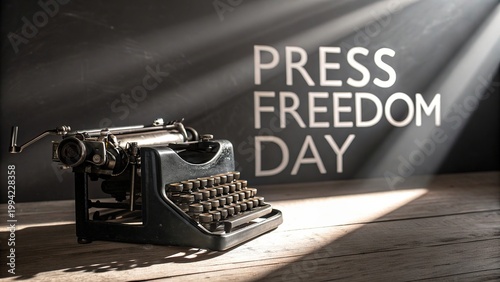 Vintage typewriter under dramatic light symbolizing press freedom and journalism.
