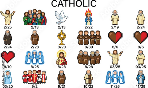 Catholic religion icons collection with saints clergy symbols worship elements and Christian faith characters pixel style set
