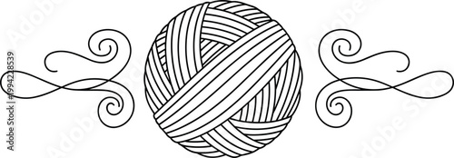 Ball of yarn with decorative swirls continuous line drawing, knitting thread illustration, handmade craft concept minimal vector design isolated