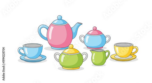 Colorful Tea Set: Teapot, Sugar Bowl, Creamer, Cups, Saucers - Isolated
