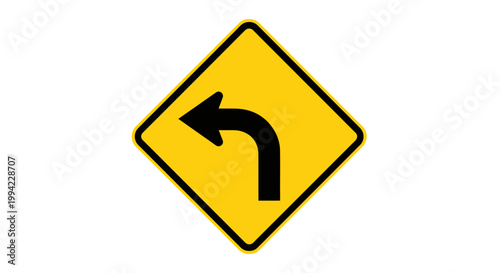 Yellow diamond traffic sign with a black curved arrow pointing left on white background