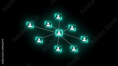 Organizational network structure with connected people icons on neon video, showing team collaboration, stakeholder mapping, social graph, and business communication on a light background.4k video