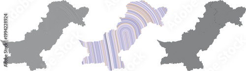A collection of Pakistan country vector map with digital fingerprint line and dotted shape pattern in different style, size and color.