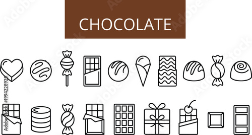 Chocolate dessert and candy line icon set including sweets, bars, truffles, gifts and confectionery outline illustrations