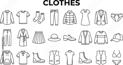 Clothing and fashion icons set with apparel garments shoes accessories and wardrobe elements minimal outline vector collection