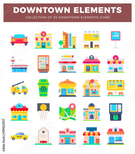 flat downtown icon elements. Buildings. vehicles. and services on a white background. Isolated graphic elements for urban design.