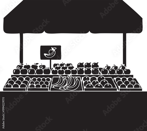 Fruit stand with bananas and apples under a canopy.