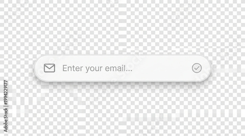 Email subscription input field, newsletter sign-up bar, minimalist web UI design element with envelope and checkmark icons, contact form box, digital marketing button, website mail sign up template