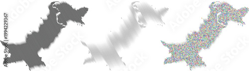 Set of Pakistan country vector map withdigital diagonal line shape but dotted pattern in different style and color.