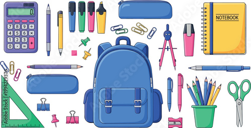 Back to school supplies set with backpack notebook calculator pens pencils and stationery items, colorful education vector illustration collection