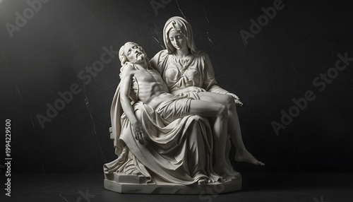 Marble pieta sculpture of Virgin Mary holding the dead body of Jesus for Holy Week religious concept, dramatic lighting representing suffering and sacrifice in sacred art