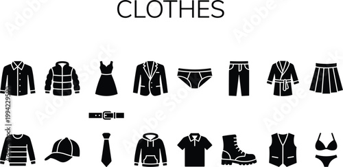 Clothing and fashion silhouette icon set featuring casual wear, formal outfits, accessories and apparel collection in solid style