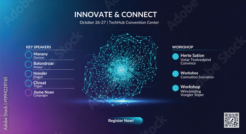 Futuristic technology conference landing page vector, innovate and connect event banner, digital tech workshop schedule with glowing network brain