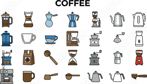 Coffee brewing equipment icon set featuring espresso machines, kettles, grinders, cups and barista tools in detailed flat style